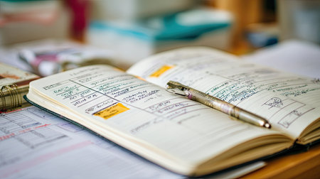 This image captures an open notebook filled with handwritten notes and a stylish pen resting on a wooden surface, ideal for documentation and planning.の素材
