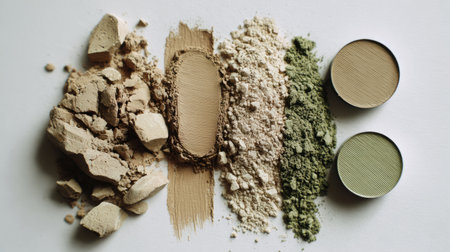 A striking arrangement of natural cosmetic powders and mineral makeup in various textures and colors, ideal for showcasing beauty, health, or cosmetic concepts.の素材