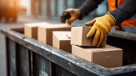 A focused individual in safety gloves carefully places cardboard boxes into a trash bin, emphasizing the importance of waste management in urban areas.の素材