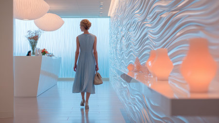 A sophisticated woman strolls through a serene hallway featuring a stylish wave-patterned wall, creating an inviting and tranquil atmosphere.の素材