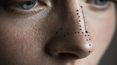 This close-up image captures a unique artistic representation of a human nose decorated with a distinct dot pattern, exploring themes of beauty and creativity in skincare.の素材
