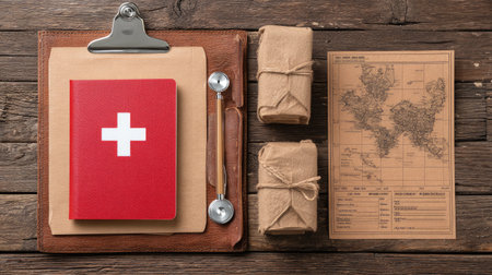 A vibrant red notebook featuring a white cross sits atop a rustic wooden table, accompanied by wrapped packages and a vintage map, ideal for travel or health-related themes.の素材