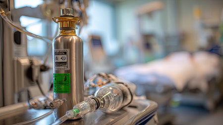 A detailed view of a medical oxygen cylinder beside vital equipment in a hospital room, highlighting the importance of respiratory care and emergency response.の素材