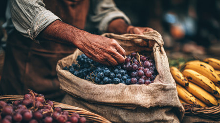 A farmer skillfully selects fresh grapes from a burlap sack in a rustic market, highlighting the beauty of local produce and traditional farming methods.の素材