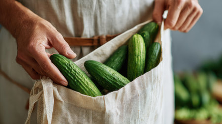 A farmer holds a fabric tote bag filled with freshly harvested cucumbers, showcasing green produce in a natural setting, ideal for organic food enthusiasts.の素材