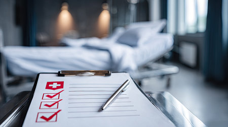 A medical checklist rests on a clipboard in a hospital room, featuring an empty patient bed and soft ambient light. The setting suggests preparation and care.の素材
