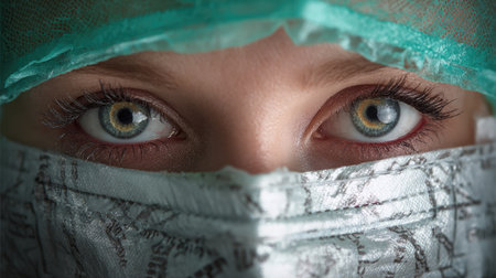 A striking close-up of a medical professional's eyes, intensely focused beneath a surgical mask, capturing the essence of determination and care in healthcare.の素材