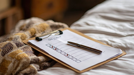 A serene and cozy bedroom setup featuring a clipboard with a checklist and pen resting on a bedspread, embodying organization and calmness.の素材