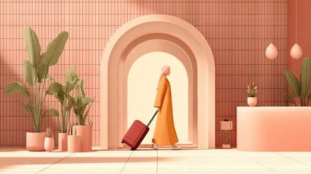 A fashionable woman walks through a chic hotel lobby, pulling a stylish suitcase. The elegant space features lush greenery and modern design elements.の素材