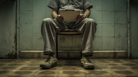 A solitary man sits on a chair in a dimly lit vintage room, holding a clipboard, encapsulating a moment of introspection and contemplation.の素材