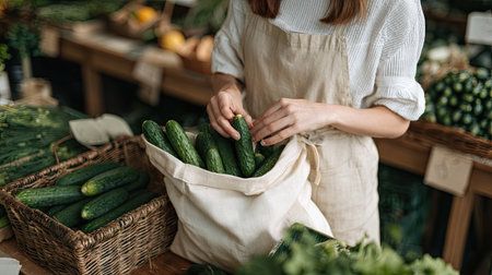A woman gently holds fresh organic cucumbers from a fabric bag in a vibrant market environment. This image captures the essence of healthy eating and sustainable shopping.の素材