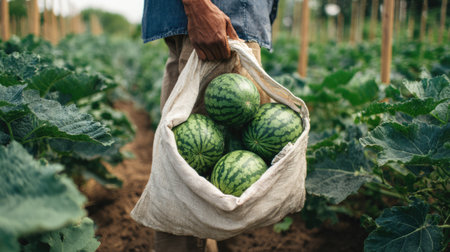 A person carries a natural fabric bag filled with freshly harvested watermelons, showcasing the connection between agriculture and nature in a vibrant farm field.の素材