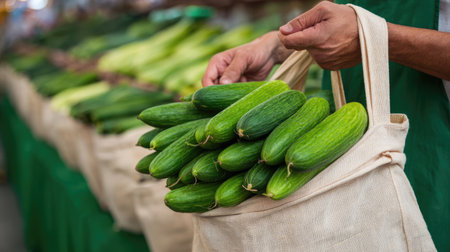 A close-up view of fresh cucumbers being held in a sustainable bag at a bustling farmers market, showcasing the vibrant produce and healthy lifestyle.の素材