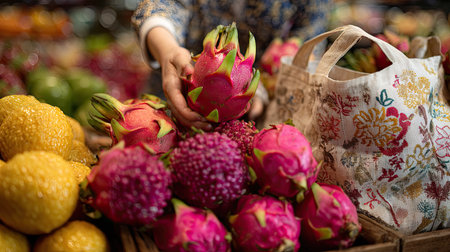 A close-up of fresh dragon fruit being handled in a vibrant market scene, showcasing colorful produce along with a decorative shopping bag.の素材