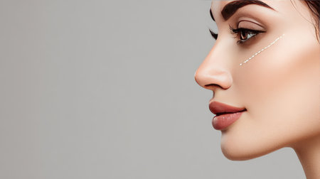 A stunning profile of a young woman highlights her flawless skin and graceful features. This image captures the essence of beauty and skincare enhancement techniques.の素材