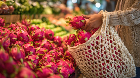 A shopper holds a woven bag filled with vibrant dragon fruit, surrounded by fresh produce at a lively market stall, showcasing health and color in food choices.の素材