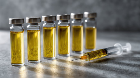 A collection of glass vials filled with a yellow liquid next to a syringe on a textured gray surface, symbolizing medical procedures and treatments.の素材