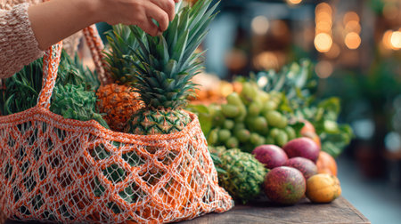 A vibrant display of fresh fruits and vegetables being gathered in an eco-friendly bag at a bustling market, showcasing seasonal bounty and healthy choices.の素材
