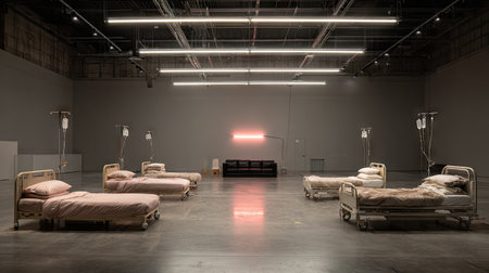 This image captures an empty hospital room featuring several beds and IV stands under modern minimalist lighting. The design exudes a calm, sterile ambiance, ideal for healthcare themes.の素材