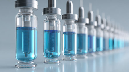 A collection of glass vials filled with blue liquid, each paired with a syringe, showcasing the essential components of modern medical treatment and vaccination efforts.の素材