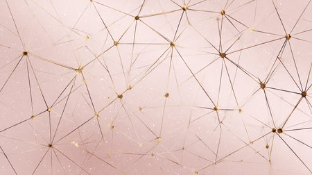 This abstract image features a network of golden nodes connected by fine lines against a soft pink background, embodying elegance and modernity.の素材