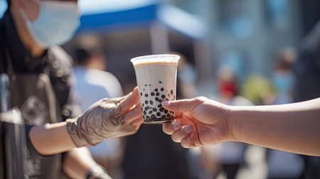 A vibrant scene depicting a person happily receiving a cup of bubble tea from a vendor at a lively outdoor market. The interaction showcases a refreshing drink filled with tapioca pearls, embodying a joyful summer experience.の素材