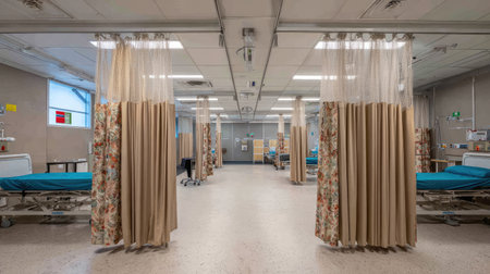 Modern hospital ward showcasing patient beds separated by privacy curtains. The clean and organized space highlights essential healthcare services and comfort.の素材