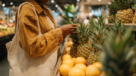 A woman in a stylish brown jacket holds a pineapple while selecting fresh oranges at a modern grocery store. The image captures a vibrant shopping experience.の素材