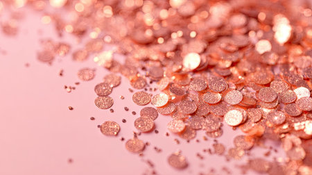 Vivid image of shimmering rose gold confetti scattered over a soft pink background, ideal for celebrations, events, and creative projects.の素材