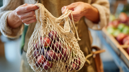 A shopper holds a net bag filled with fresh red plums at a bustling farmers market, showcasing vibrant colors and eco-friendly choices.の素材