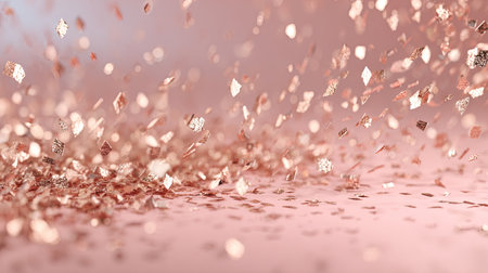 This image features shimmering rose gold glitter scattered elegantly on a soft pink background, creating a luxurious and festive ambiance perfect for celebrations.の素材