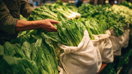 A close-up view of fresh green leafy vegetables being handpicked at a bustling market. The vibrant greens showcase health, freshness, and local farming practices.の素材