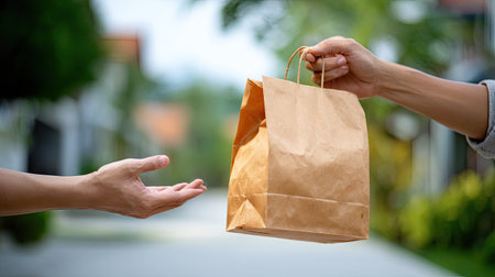 A hand extending toward an outstretched hand holding a brown paper bag symbolizes connection and sharing in an outdoor environment, showcasing community spirit.の素材