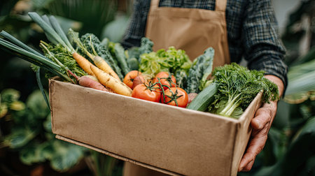A close-up view of a person holding a box filled with fresh organic vegetables amidst lush greenery. Perfect for promoting healthy food choices.の素材
