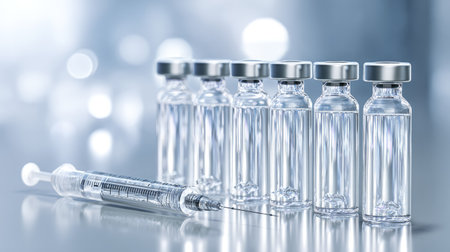 A close-up view of several glass vials filled with clear vaccine serum, placed next to a syringe, set against a softly blurred medical background.の素材