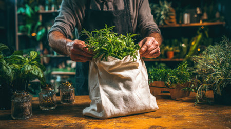 A skilled gardener delicately places vibrant green herbs into a natural fabric bag in a cozy workshop. The environment radiates creativity and passion for organic gardening.の素材