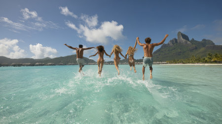 A vibrant scene of five friends joyfully jumping into clear turquoise water, capturing the essence of summer fun and friendship amidst stunning nature.の素材
