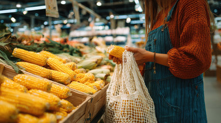 A woman enjoys shopping for fresh corn in a vibrant grocery store. She holds an eco-friendly bag while selecting nature's bounty, highlighting sustainable living.の素材