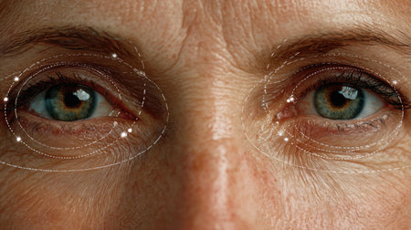 This striking close-up image showcases the intricate details of human eyes, including the nuances of skin texture and vibrant iris colors. Perfect for health and beauty themes.の素材