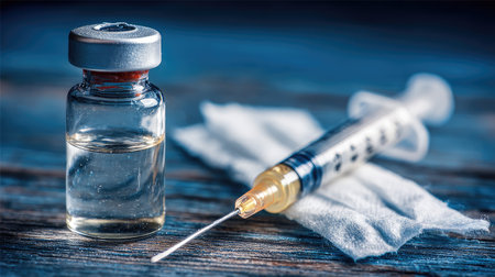A syringe and vial sit on a wooden surface, symbolizing medical and healthcare themes. The vial contains liquid, emphasizing drug preparation and safety.の素材