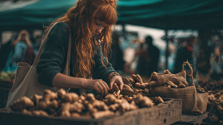 A woman with red hair carefully examines fresh ginger roots at a bustling farmers market. Captivating scene highlights vibrant colors and textures of organic produce.の素材