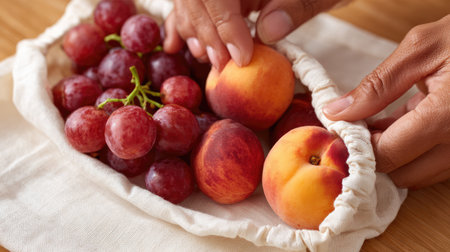 A close-up image showcasing fresh peaches and grapes in a natural fabric bag on a wooden surface, highlighting healthy eating and vibrant colors.の素材