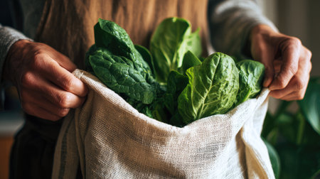 A person holds a fabric bag filled with fresh green lettuce leaves, showcasing the beauty of organic produce in a serene, natural setting.の素材