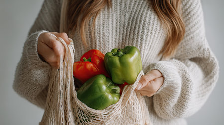 A woman holds a reusable shopping bag filled with colorful bell peppers, representing a commitment to healthy living and sustainability in a cozy indoor setting.の素材