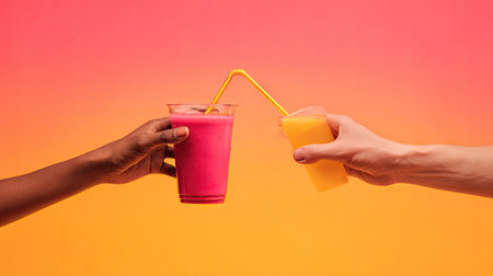 Two hands raise colorful smoothies in a joyful toast, set against a vibrant gradient background. The refreshing drinks symbolize celebration and friendship.の素材