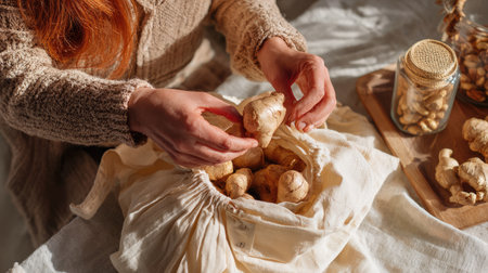A warm and inviting kitchen scene featuring hands sorting fresh ginger roots from a soft bag. The cozy setting emphasizes a connection with natural ingredients and culinary traditions.の素材