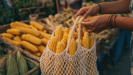 A person holds a reusable cotton bag filled with fresh, golden corn cobs at a vibrant farmers market, showcasing the beauty and abundance of local produce.の素材