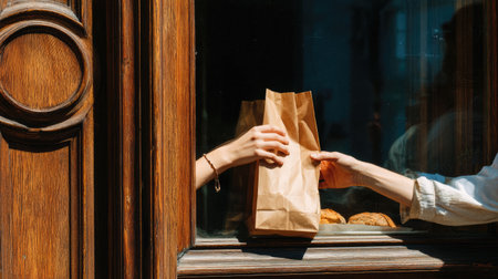 This image captures a joyful moment of a hand passing a brown paper bag through a cafe window, filled with delicious cookies, showcasing a warm community interaction.の素材