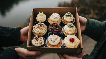 A beautifully arranged box of colorful cupcakes held by two people showcases delightful frosting and toppings. Perfect for celebrations or gatherings.の素材
