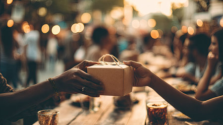 A warm evening showcases friends sharing a delightful gift box during an outdoor gathering, with soft bokeh lights creating a magical atmosphere.の素材